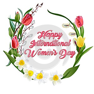Happy women s day greeting card. Postcard on March 8. Text with flowers