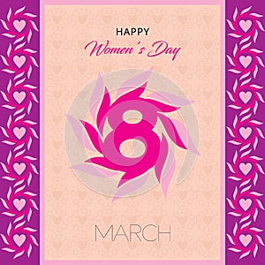 Happy women`s day greeting card. Postcard on March 8. Text with flowers