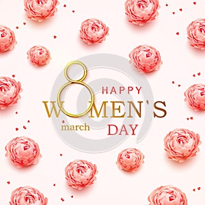 Happy Women's Day greeting card with realistic pink peonies flowers background. Postcard on March 8