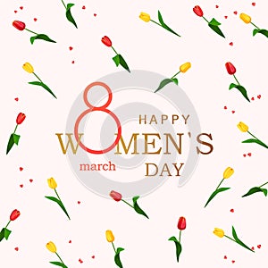 Happy Women's Day greeting card with tulips background. Postcard on March 8 with flowers