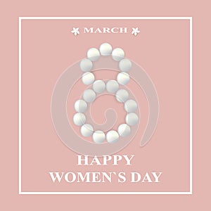 Happy Women`s Day greeting card. White pearl necklace on a cream background.