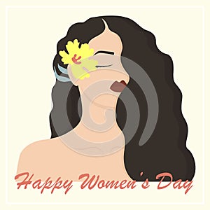 Happy Women's day greeting card woman with spring flower. Vector illustration for valentines day.