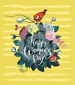 Happy Women`s Day hand lettering against background with bouquet of semi-colored rose flowers, red bird sitting on top