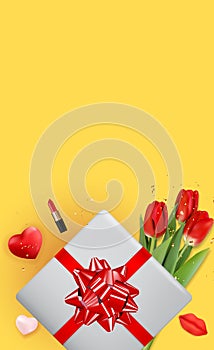 Happy Women s Day Holiday Congratulation Background with Tulips and gift box and hearts. Vector Illustration