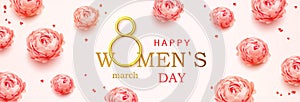 Happy Women's Day horizontal banner with calligraphy text and with pink peonies flowers background