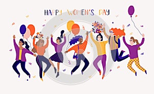 Happy women`s day illustration. Funny holiday happy smiling women with flowers