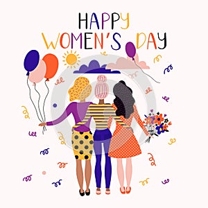 Happy women`s day illustration. Funny holiday happy women with flowers