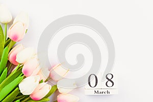 Happy Women`s Day, Mother`s Day and Valentine`s Day concept. top view flat lay Tulip flower