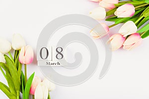 Happy Women`s Day, Mother`s Day and Valentine`s Day concept. top view flat lay Tulip flower