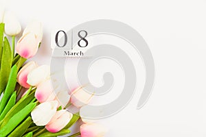 Happy Women`s Day, Mother`s Day and Valentine`s Day concept. top view flat lay Tulip flower