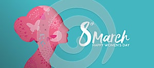 Happy Women`s Day pink paper cut girl face banner