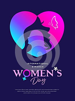 Happy Women\'s day poster flyer design, women face on colorful heart, butterfly, concept design