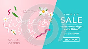 Happy women`s day sale banner with greeting card. International women`s day promotion.Vector illustration