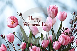 Happy Women\'s Day with spring flowers background International Womens Day concept March 8 Happy Mother`s Day greeting design