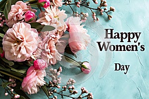 Happy Women\'s Day with spring flowers background International Womens Day concept March 8 Happy Mother`s Day greeting design