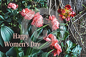 Happy Women\'s Day with spring flowers background International Womens Day concept March 8 Happy Mother`s Day greeting design