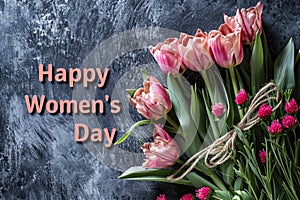 Happy Women\'s Day with spring flowers background International Womens Day concept March 8 Happy Mother`s Day greeting design