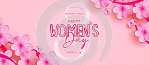 Happy women`s day text vector design. Women`s day international march 8 celebration with cherry blossom