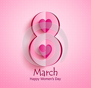 Happy women`s day vector banner design with March 8 text and paper cut heart