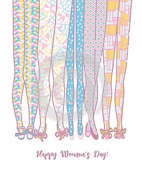 Happy women`s day vector greeting card in hand drawing style and pastel colors.