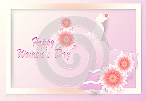 Happy Women`s Day. Women and flower with frame paper art style