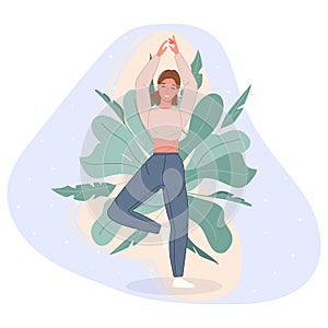 Happy women stand on floor and meditating in yoga pose. Meditation practice concept in cartoon style. Vector