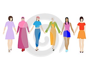 Happy women standing together and holding hands. Group of female friends, union of feminists, sisterhood. Flat cartoon