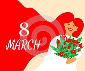Happy womens day. 8 March. International Womens Day. Poster in flat style with beautiful girl with bouquet of flowers in