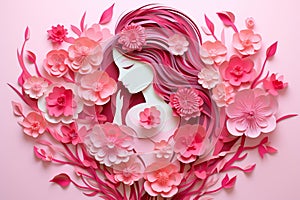 Happy Womens day. Beautiful woman with pink blooming flowers, paper cut out illustration. Modern colorful floral greeting card.