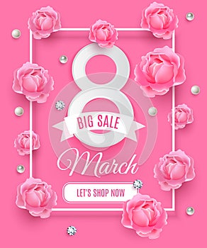 Happy Womens day big sale background, poster template. Pink abstract background with roses diamond and pearl ornaments