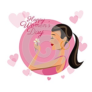 Happy womens day card girl daisy flower pink hearts image