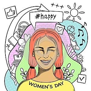 Happy Womens Day creative conceptual modern hand drawn doodle portrait