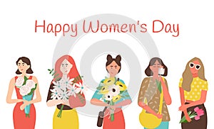 Happy Womens Day Greeting Card with Cartoon Ladies