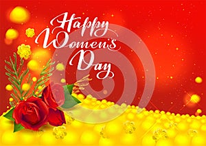 Happy womens day greeting card. Flowers red rose and yellow mimosa. Handwritten text photo