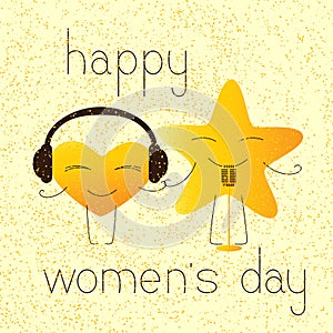 Happy womens day greeting card with musical characters