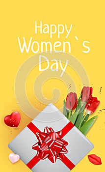 Happy Womens Day Holiday Congratulation Background with Tulips and gift box. Vector Illustration