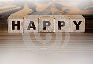 Happy Word Written In Wooden Cubes