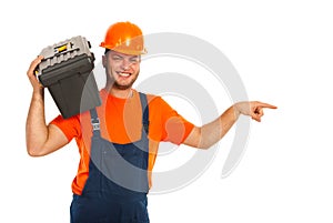 Happy worker man indicate photo