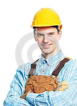 Happy worker portrait in hardhat and overall