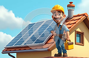 happy worker on rooftop of house with solar panels holding toolbox, renewable energy illustration photo