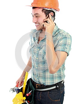 Happy worker using mobile phone