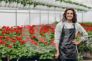 Happy worker, wearing apron, growing flowers in a greenhouse of a flower shop