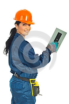 Happy worker woman with notched