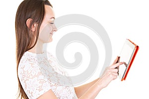 Happy working business woman profile with digital tablet in hands over white background