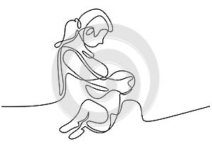 Happy World Breastfeeding Day. One continuous line drawing of mother and her baby. Young beautiful mom is sitting while