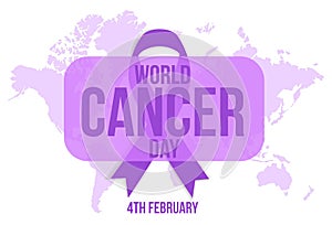 Happy world cancer day with purple ribbon, world map