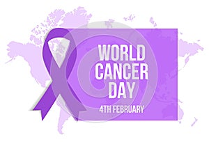 Happy world cancer day with purple ribbon and world map background