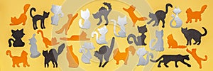 Happy World Cat Day. Black, grey and orange funny cat silhouettes on yellow pastel background. Festive layout or mock up for
