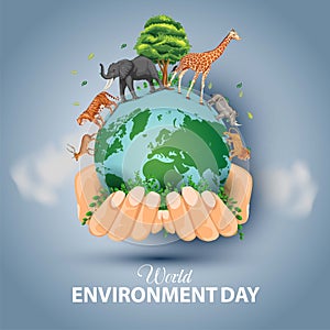 Happy world environment day and earth day poster. two hands holding with glob and animals. vector illustration design