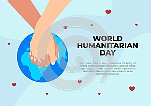 Happy world humanitarian international day banner poster with globe and hand hold hand, love symbol on blue background